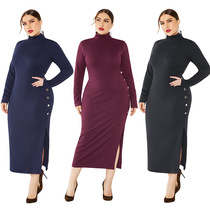 fat lady dresses women knitted turtleneck Split Winter dress