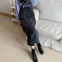 Denim skirt women spring and autumn 2021 new fashion temperament long smoke gray waist a-shaped bag hip skirt