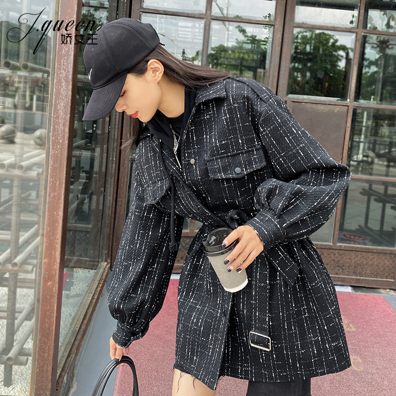 Tweed windbreaker women's mid-length Korean version waist thin black lantern sleeves autumn and winter thickened woolen coat coat