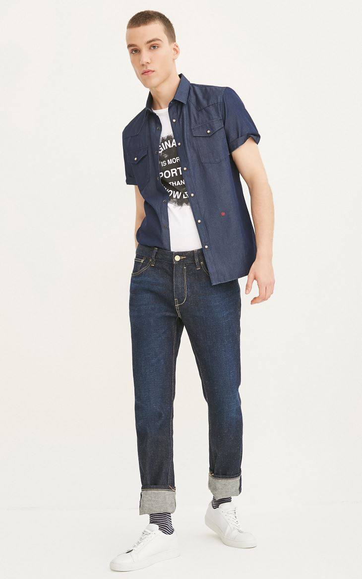 【3免1】jack jones杰克琼斯棉牛仔男短袖衬衫o|217204511