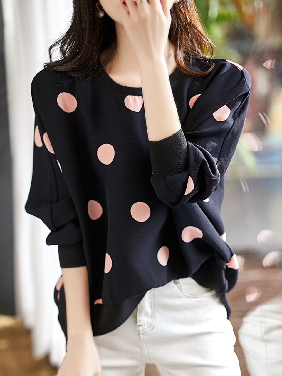 笑涵阁宽松蝙蝠袖波点上衣