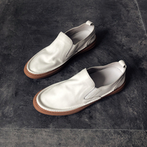 Autumn white loafers mens leather breathable one pedal comfortable lazy shoes soft bottom casual white shoes board shoes