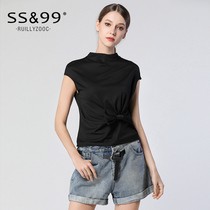 2021 spring and summer new bow knit thin white semi-turtleneck top short-sleeved T-shirt bottoming shirt women