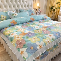 Net red princess wind chiffon lotus leaf quilted bed cover four-piece set of pure cotton quilt cover with skirt for all seasons