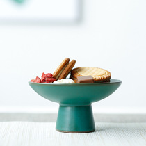 Pavilion Jade Flyover Chinese Retro Ink Green Coarse Pottery High Foot Tea Spot Tray Day Style Tea Dish Snack Dish Fruit Tray Snack Dish