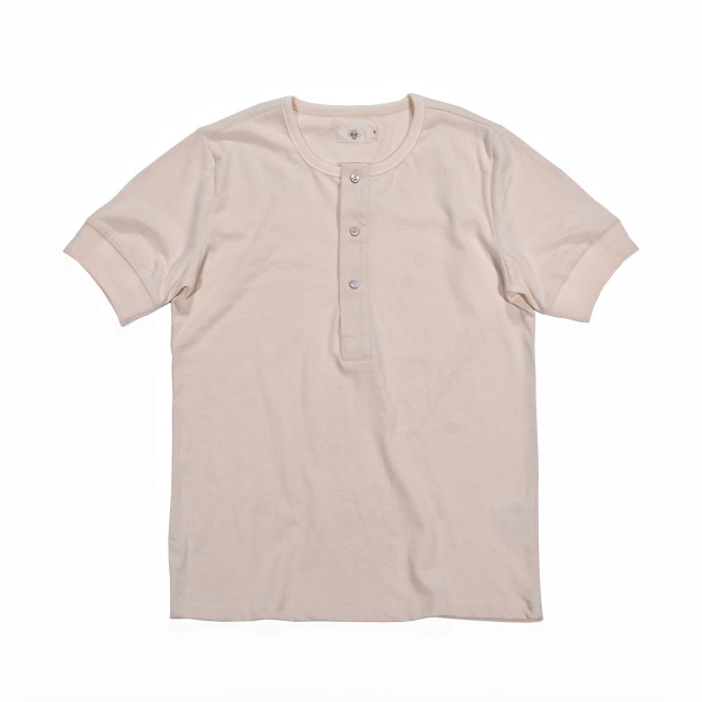 Chaimi American retro Henry collar Ami khaki heavyweight T-shirt men's short-slim slim casual solid color cotton summer