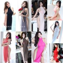 cos gala gown qipao with high opening fork woman long dress mood uniform perspective sexy ice silk sleepwear lingerie