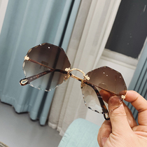 Cut edge retro brown frameless sunglasses womens round face square box Octagon personality European and American style high-grade sunglasses