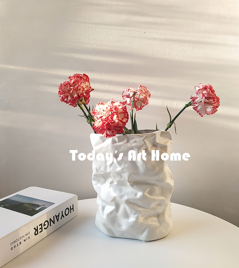 TODAYSART现代艺术褶皱花瓶白色陶瓷纸袋型简约花器插花干花摆件-Taobao