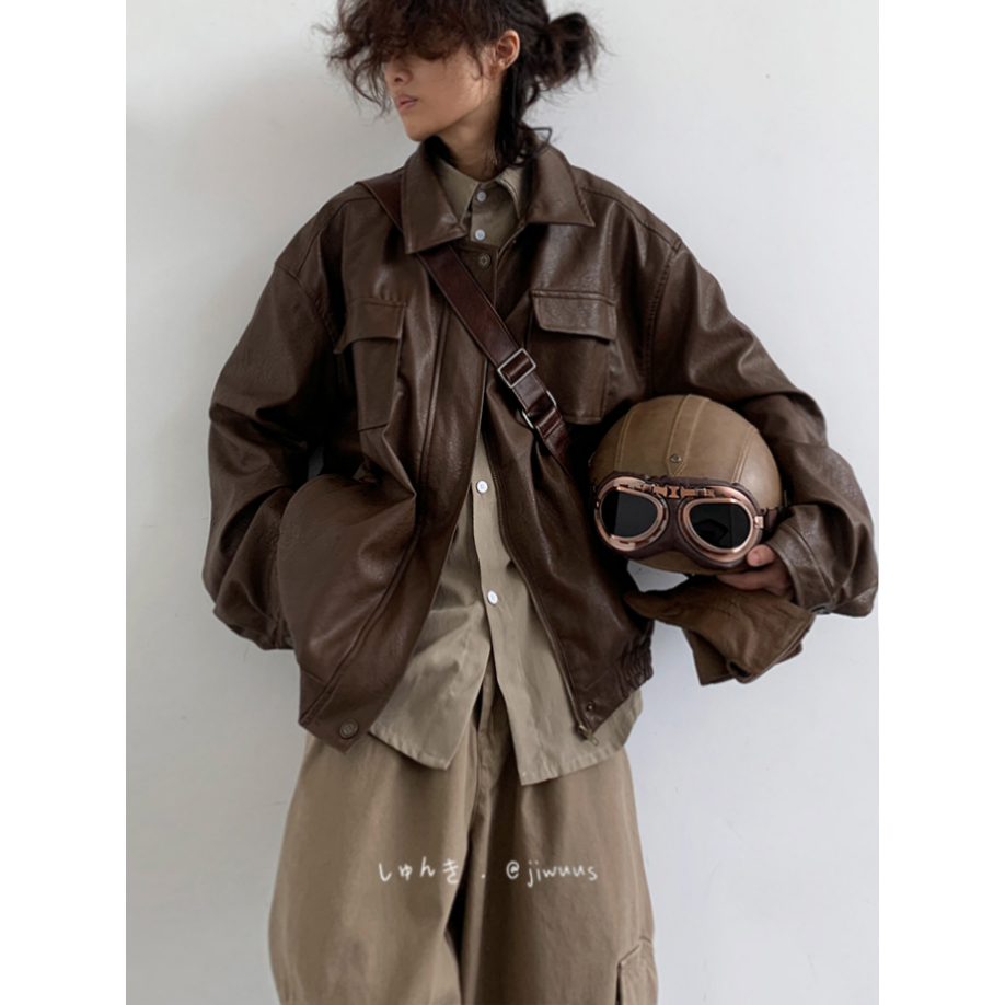 Jiwuus autumn-day retro yuppie PU locomotive leather clothes for boys and girls Classic loose neutral brown leather jacket jacket-Taobao