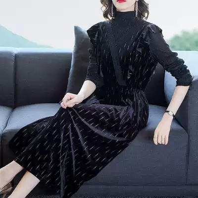 Your wife's mother golden velvet dress Noble foreign style fake two-piece suit skirt autumn and winter 2021 New
