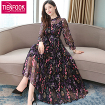  Early spring and autumn 2021 new female floral chiffon dress high-end western style mother skirt big name noble 40 years old