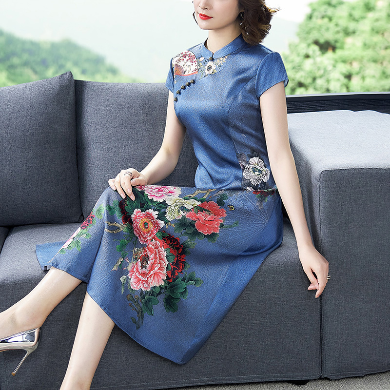 Your wife's mother improved cheongsam imitation incense cloud yarn silk dress high-end big-name printed skirt summer 40 years old