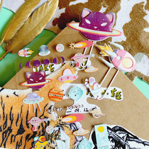 Starry sky ins wind Harajuku Cat Planet Meteor Spaceship Hand account stickers Mobile phone stickers Paper clip bookmarks