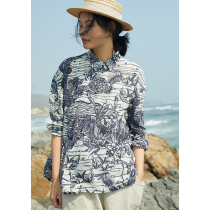 No Good See City Light Silk Cotton Double Crepe Blue Light Chinese Animal Slanted Flap Printed Shirt (Wake Up)