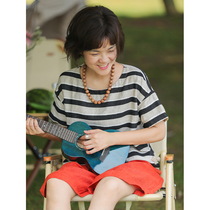 No good see the city of Italy imported flax cotton striped round-collar headshirt (one summer)