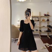 (6 19-6 20 live welfare) summer short sleeve bubble sleeve V collar black thin A- line dress L488
