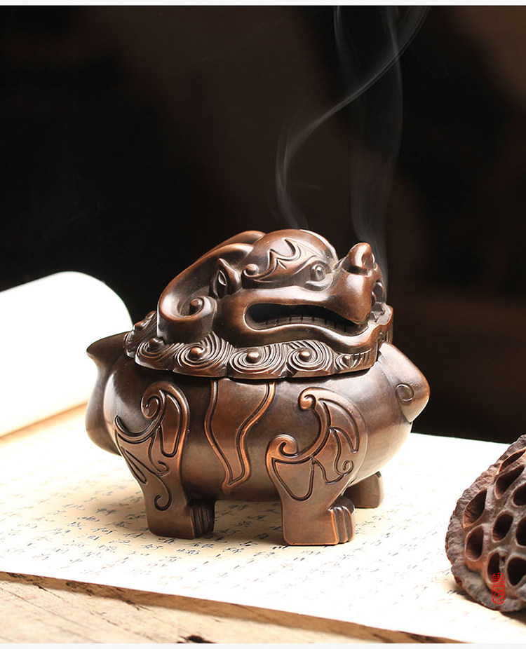 青沉文化 创意瑞兽狻猊香炉 禅香熏香炉家用茶道摆件镀紫铜檀香炉