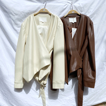 Clearance Han Fan design sense v-collar retro leather jacket small coat women autumn and winter