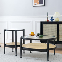 ins rattan coffee table Nordic living room balcony small apartment simple solid wood glass combination light luxury round side a few