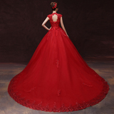 2015新款复古高领包肩显瘦奢华红色拖尾婚纱