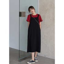  MISAZCute age-reducing strap dress pocket design simple black midi skirt