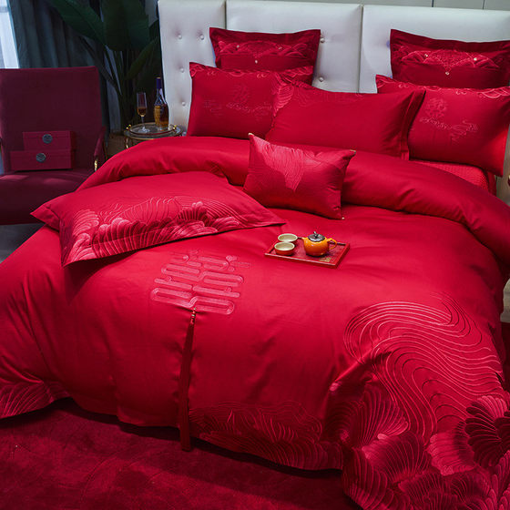 Hot-selling high-end cotton embroidery wedding four-piece set wedding six-piece set big red dowry new room bedding Hot-selling high-end cotton embroidery wedding four-piece set wedding six-piece set big red dowry new room bedding