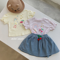 90-150 Japanese Girls Cotton Cherry Puff Sleeve Short Sleeve T-Shirt