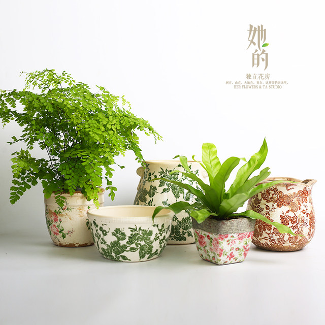 Her flower pot, flower pot, ceramic pottery glaze, succulent green plants, potted plant pattern, American country home gardening Her flower pot, flower pot, ceramic pottery glaze, succulent green plants, potted plant pattern, American country home gardening