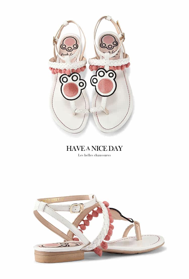 grace gift可爱猫爪刺绣t字夹趾凉鞋女织带毛球装饰平底沙滩鞋女