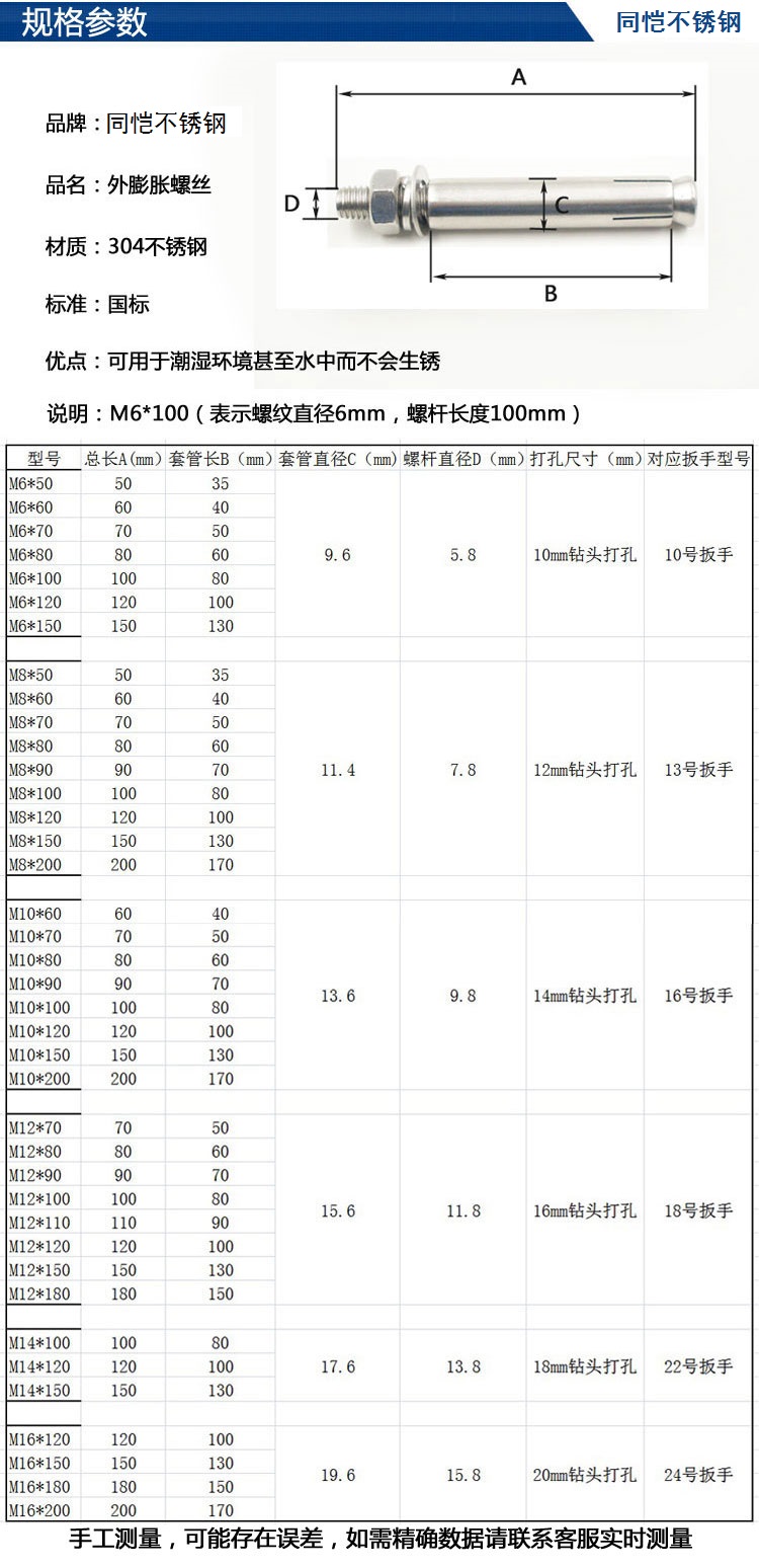 微盟304不锈钢膨胀螺丝膨胀螺栓拉爆螺丝加长膨胀壁虎m6m8m10m12