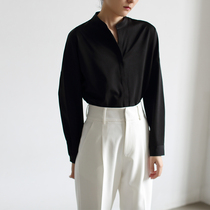 LIMONN autumn senior sense niche commuter temperament black long sleeve satin shirt female v collar retro OL top