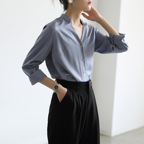 LIMONN shirt female design sense niche commuter temperament retro V-collar folded long sleeve shirt wear spring and summer