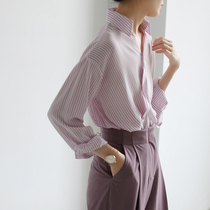 LIMONN smoky purple stripe V-neck Japanese irregular long sleeve shirt Women autumn comfortable hanging feeling good female fashionable chic chic