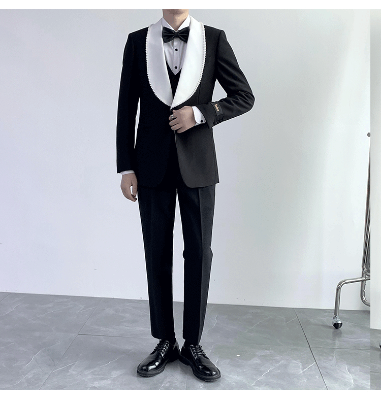 气质宫廷风男士晚礼服三件套男士珍珠串领礼服套装晚宴套装主持服
