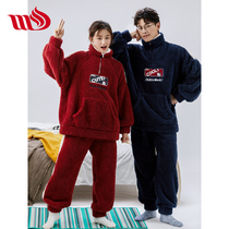 Coral velvet couple pajamas autumn and winter thick cute women winter plus velvet flannel outside wearing mens home clothes set
