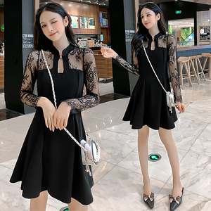 Lace dress 2020 new autumn standing collar cheongsam improved version showing thin foreign style black Hepburn retro lit