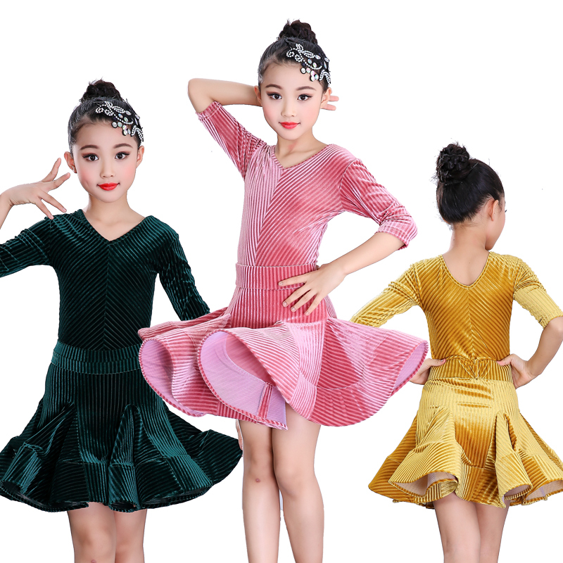 Girls Latin Dance Dresses V-collar Middle-sleeve Latin Dance Performance Big Dress Girl&apos;s Grade Examination Requirements Performing Dresses