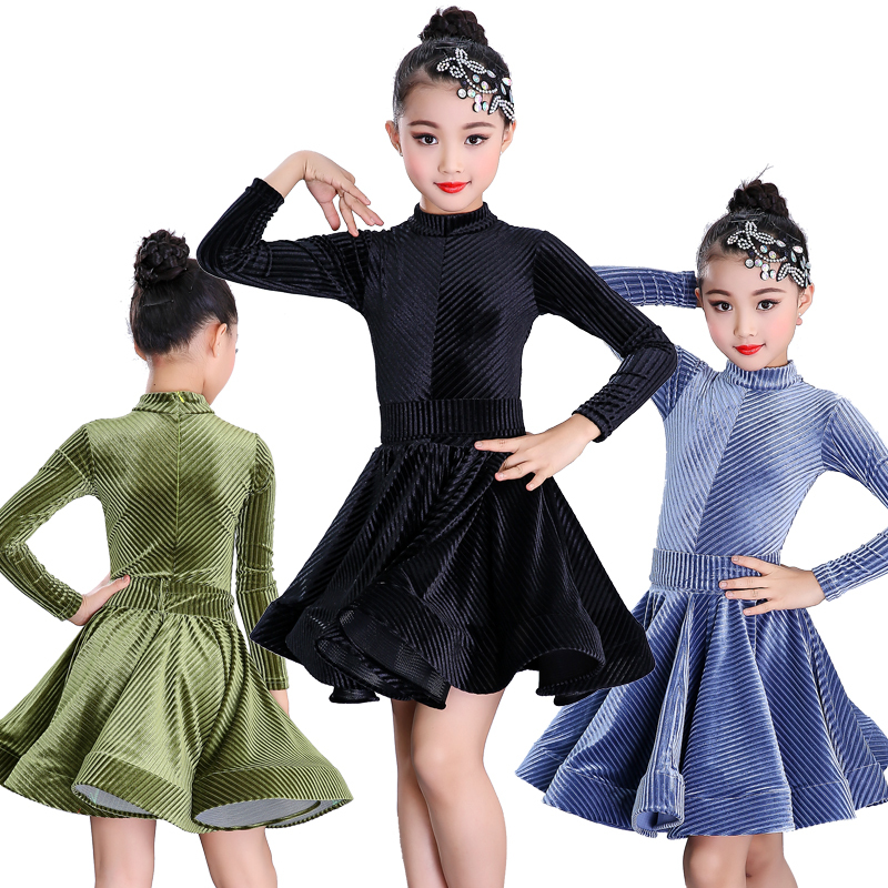 Girls Latin Dance Dresses Latin Dance Costume Children&apos;s Girls&apos;Golden Velvet Dresses for Gonggong Competition Dresses Performing Long Sleeves