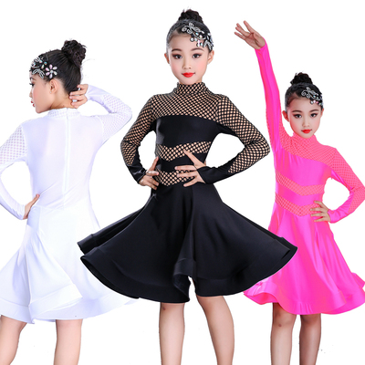 Girls Latin Dance Dresses Long Sleeves, Pure Color Hollow Latin Dance Dresses