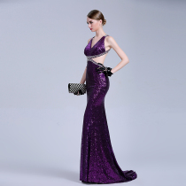 Lan Kwai Fong Halter tail tail evening dress Female style field Beaded sequin deep V-neck long dress extended edition fishtail purple