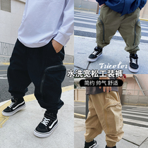 Bobo pig childrens clothing boys black overalls spring clothing middle children Korean pants childrens casual pants tide trousers