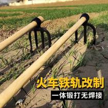 Military seal agricultural three-tooth fork hoe hoe rake solid wood long-handled agricultural tools ripping soil planting flowers planting vegetables turning the ground