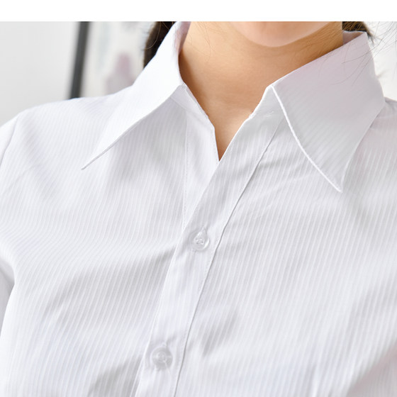 Summer white shirt striped women's short sleeved vertical V-neck Korean cotton professional dress formal business ol shirt light blue Summer white shirt striped women's short sleeved vertical V-neck Korean cotton professional dress formal business ol shirt light blue