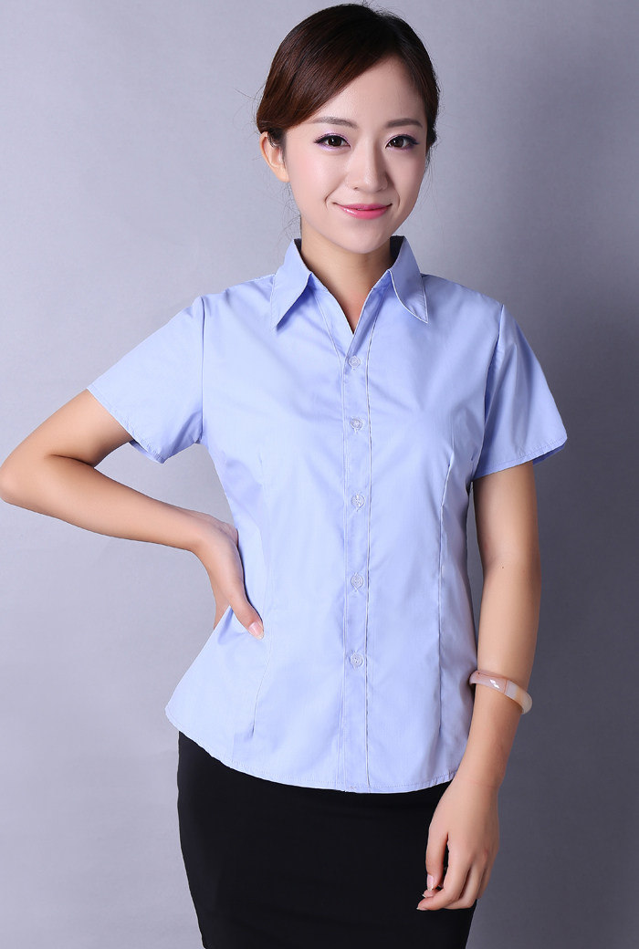 包邮新款蓝色衬衫女短袖v领职业装收腰棉衬衣工作服工装正装ol