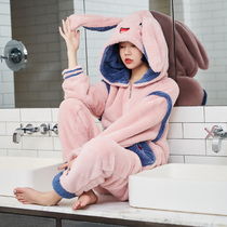 Coral velvet pajamas womens autumn and winter long sleeve rabbit ears conjoined pajamas winter plus velvet padded padded hooded home suit