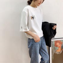  2021 spring brushed thickened simple embroidery cartoon white short-sleeved T-shirt womens Korean loose half-sleeved top tide