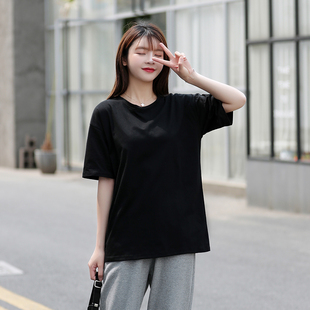 新款韩版纯色黑白色短袖T恤女宽松百搭学生体恤2024夏季圆领上衣