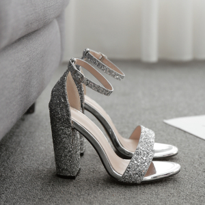 European and American high heel sandals with thick heels and sexy silver sequins