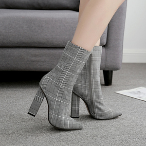 European and American Plaid thick heel pointed high heel women’s boots Knight boots